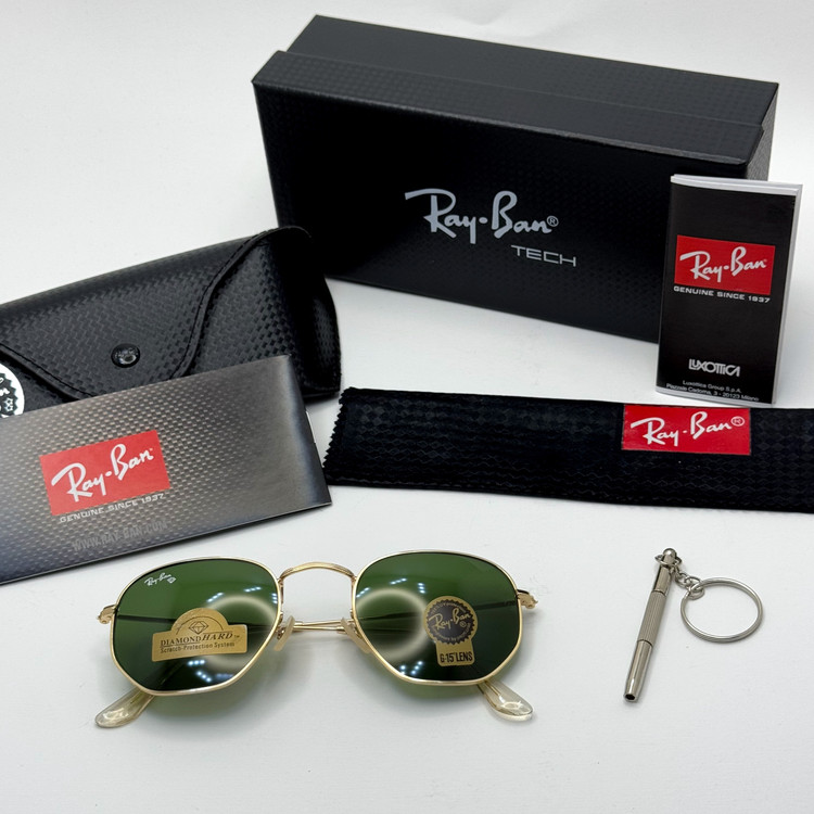 عینک ریبن هگزونال شیشه سنگ سیز فریم طلایی به همراه پک کامل ریبن کد Rayban RB 3548