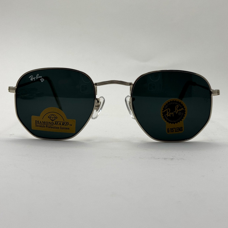 عینک ریبن هگزونال شیشه سنگ مشکی فریم نقره ای به همراه پک کامل ریبن کد Rayban RB 3548
