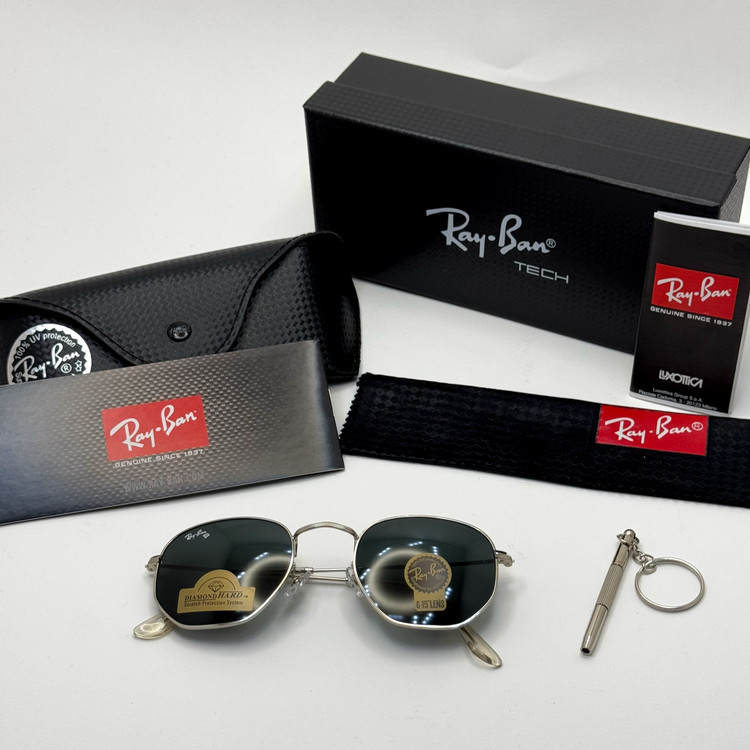 عینک ریبن هگزونال شیشه سنگ مشکی فریم نقره ای به همراه پک کامل ریبن کد Rayban RB 3548
