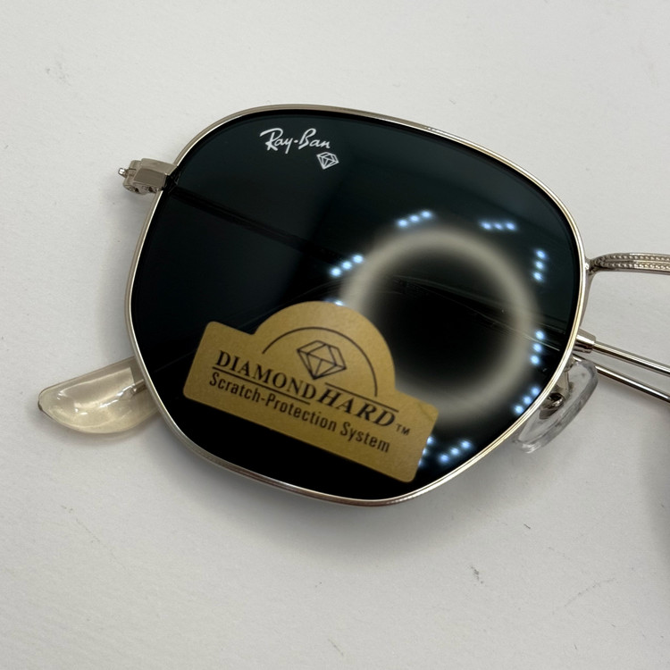 عینک ریبن هگزونال شیشه سنگ مشکی فریم نقره ای به همراه پک کامل ریبن کد Rayban RB 3548