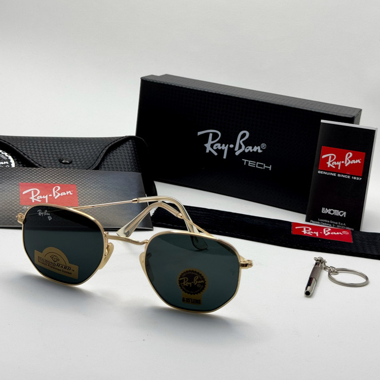 عینک ریبن هگزونال شیشه سنگ مشکی فریم طلایی به همراه پک کامل ریبن کد Rayban RB 3548