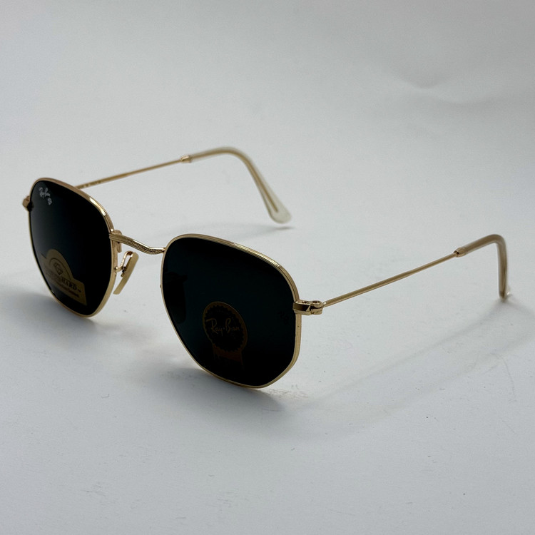 عینک ریبن هگزونال شیشه سنگ مشکی فریم طلایی به همراه پک کامل ریبن کد Rayban RB 3548
