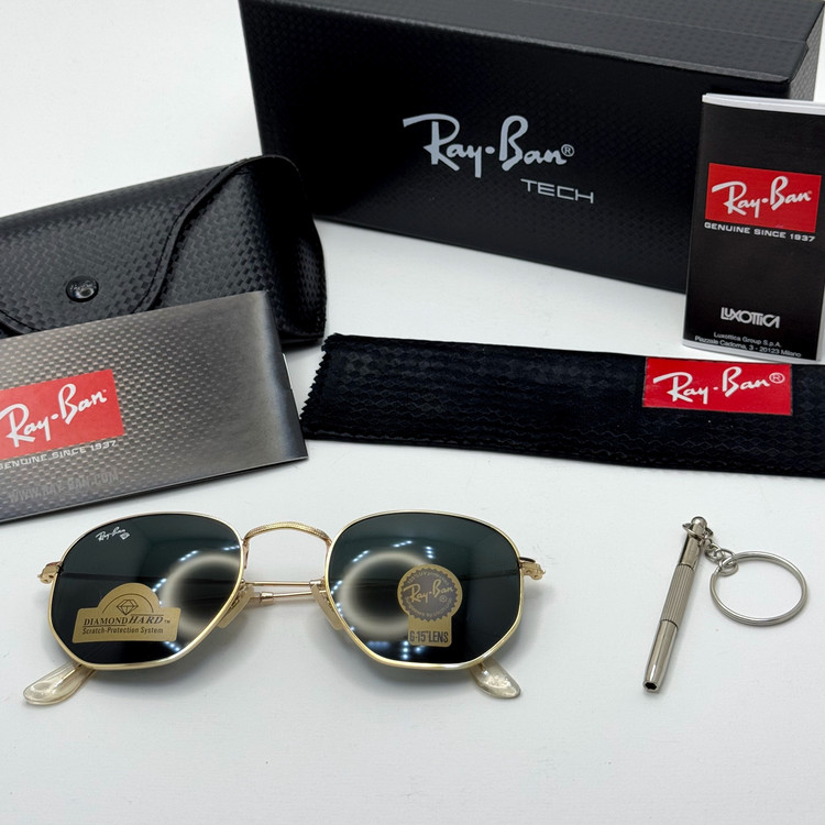 عینک ریبن هگزونال شیشه سنگ مشکی فریم طلایی به همراه پک کامل ریبن کد Rayban RB 3548