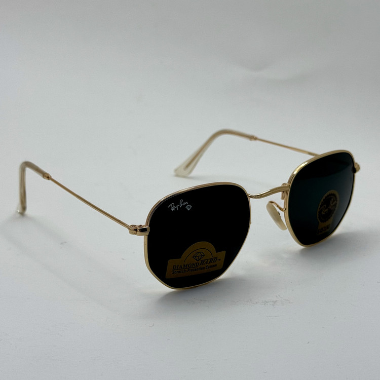 عینک ریبن هگزونال شیشه سنگ مشکی فریم طلایی به همراه پک کامل ریبن کد Rayban RB 3548