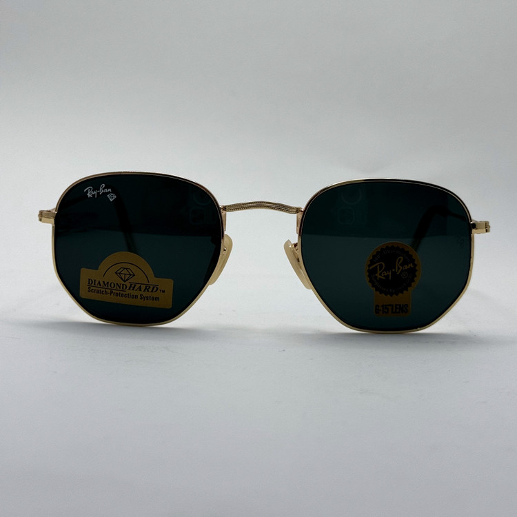 عینک ریبن هگزونال شیشه سنگ مشکی فریم طلایی به همراه پک کامل ریبن کد Rayban RB 3548