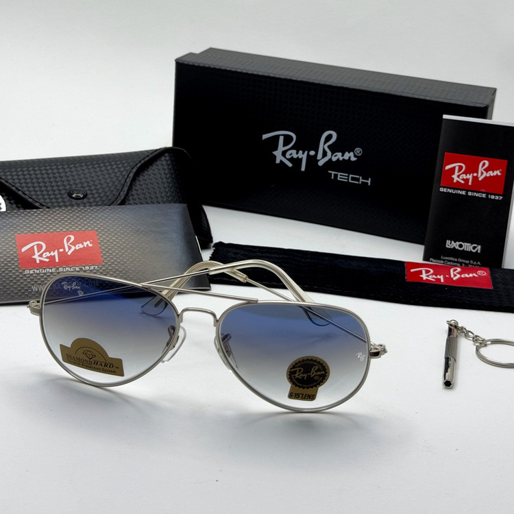 عینک ریبن خلبانی شیشه سنگ آبی هایلایت فریم نقره ای به همراه پک کامل ریبن کد Rayban RB 3025