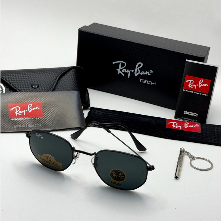عینک ریبن هگزونال شیشه سنگ تمام مشکی به همراه پک کامل ریبن کد Rayban RB 3548
