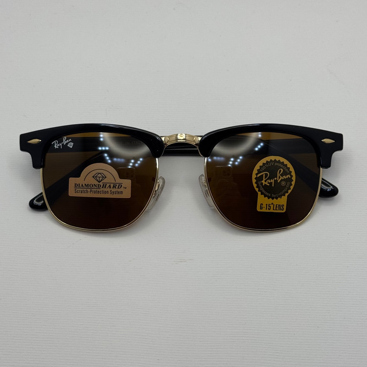 عینک آفتابی ریبن rayban کلاب مستر شیشه سنگ قهوه ای فریم طلایی rb 3016 به همراه پک کامل