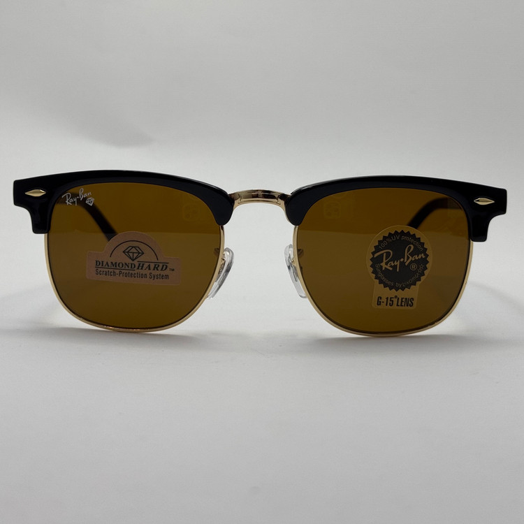 عینک آفتابی ریبن rayban کلاب مستر شیشه سنگ قهوه ای فریم طلایی rb 3016 به همراه پک کامل