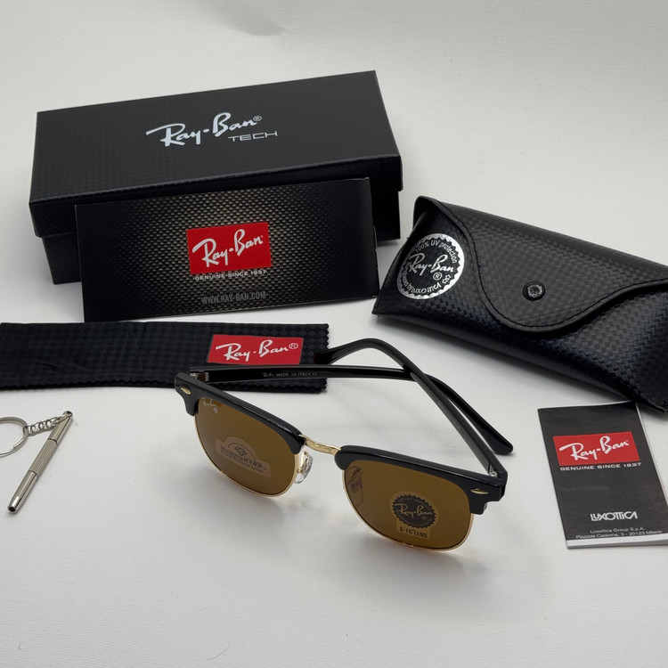 عینک آفتابی ریبن rayban کلاب مستر شیشه سنگ قهوه ای فریم طلایی rb 3016 به همراه پک کامل