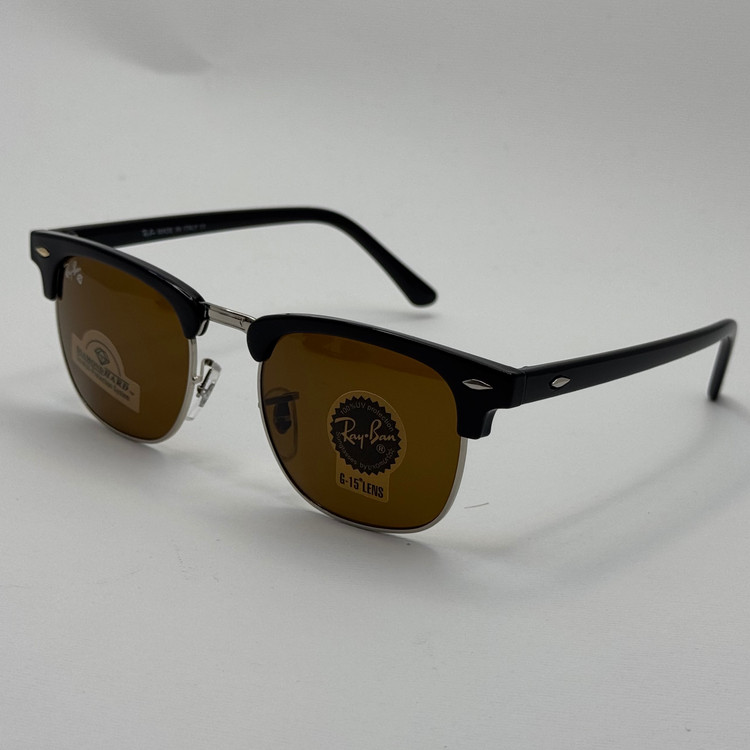 عینک آفتابی ریبن rayban کلاب مستر شیشه سنگ قهوه ای فریم نقره ای rb 3016 به همراه پک کامل