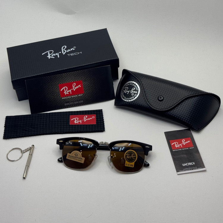 عینک آفتابی ریبن rayban کلاب مستر شیشه سنگ قهوه ای فریم نقره ای rb 3016 به همراه پک کامل