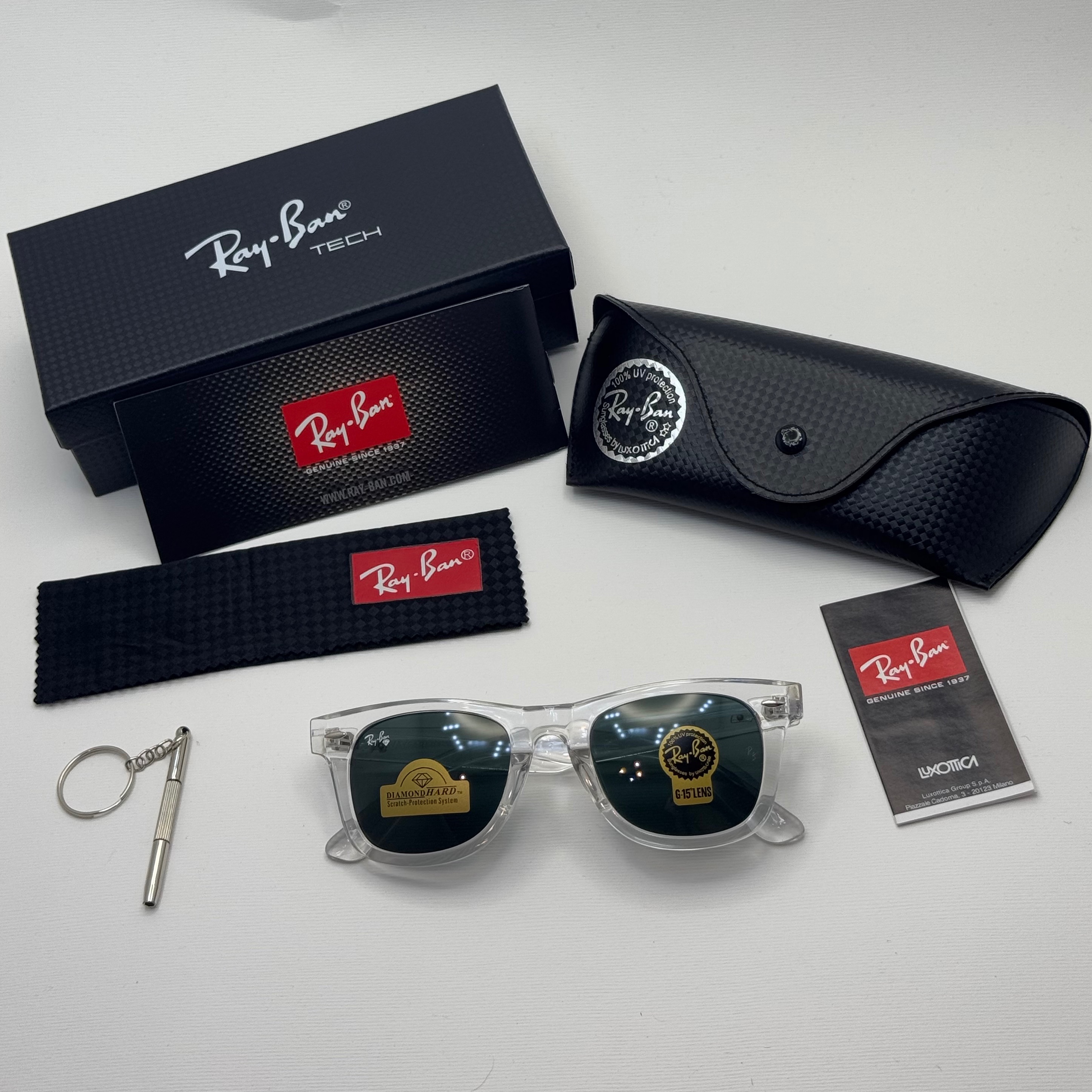 عینک ویفرر ریبن Rayban WAYFARER شفاف شیشه سنگ نشکن زد خش با پک کامل