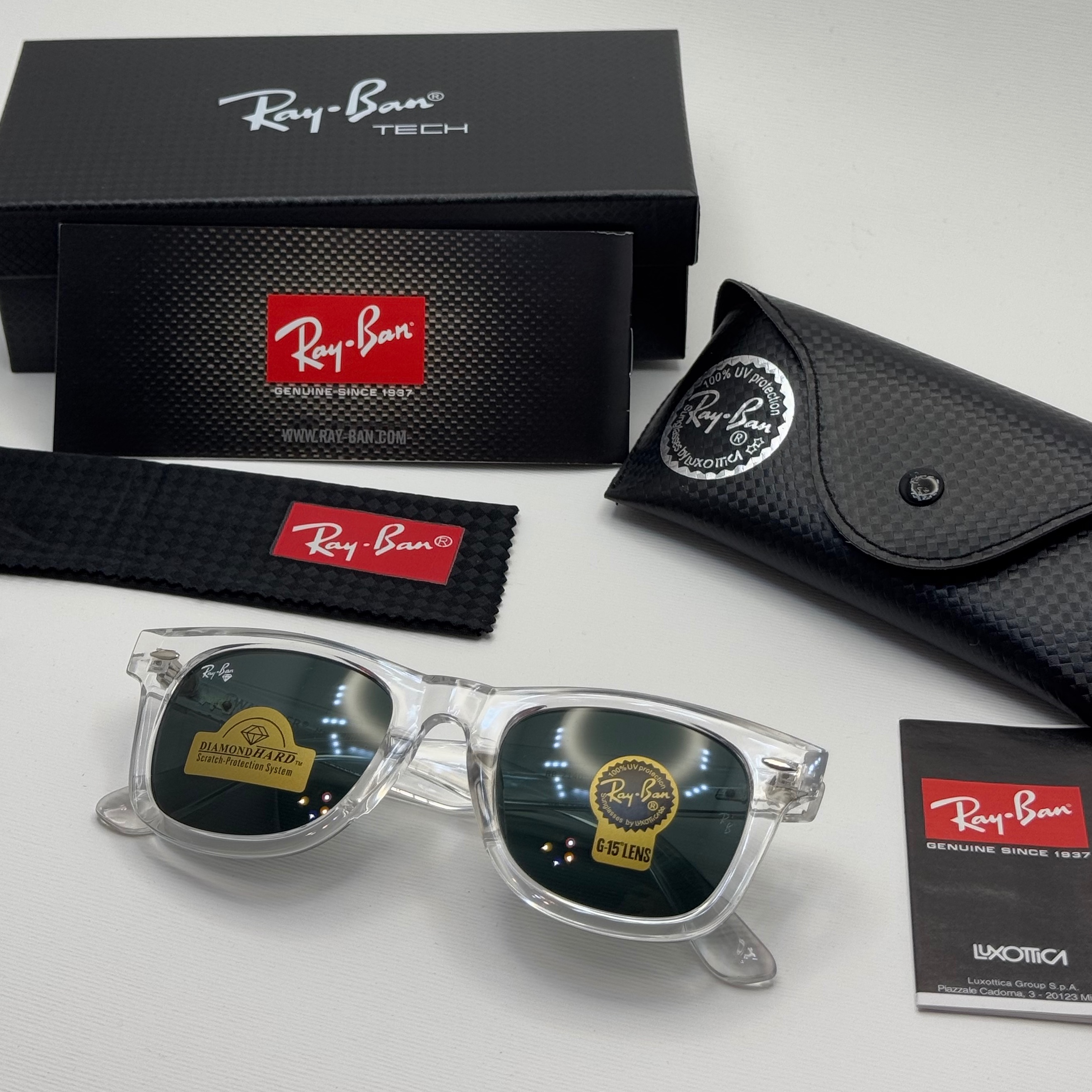 عینک ویفرر ریبن Rayban WAYFARER شفاف شیشه سنگ نشکن زد خش با پک کامل
