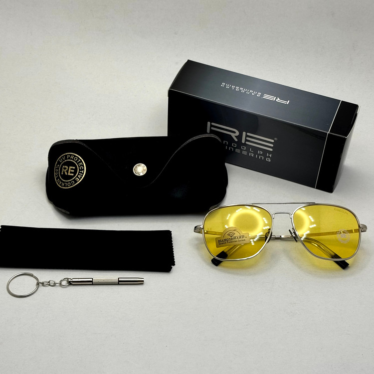 عینک آفتابی و شب خلبانی رندولف شیشه سنگ زرد فریم نقره ای فول پک اصلی RANDOLPH AVIATOR RE 58 24K WHITE GOLD