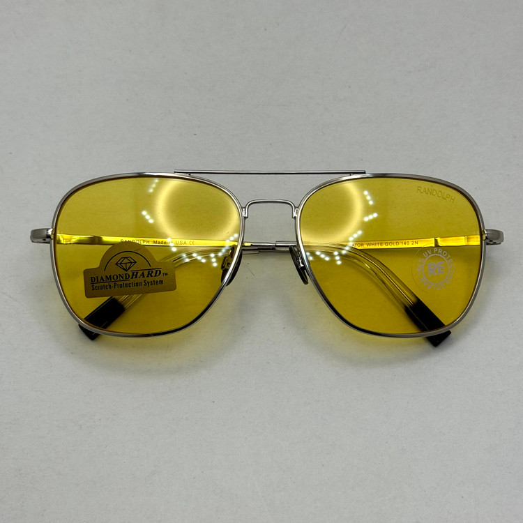 عینک آفتابی و شب خلبانی رندولف شیشه سنگ زرد فریم نقره ای فول پک اصلی RANDOLPH AVIATOR RE 58 24K WHITE GOLD
