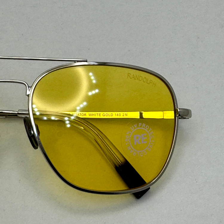 عینک آفتابی و شب خلبانی رندولف شیشه سنگ زرد فریم نقره ای فول پک اصلی RANDOLPH AVIATOR RE 58 24K WHITE GOLD