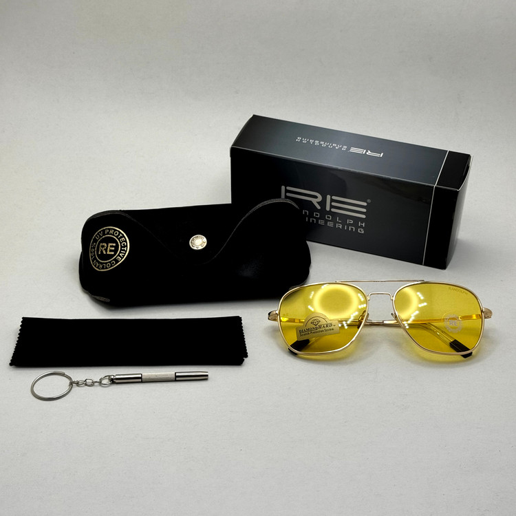 عینک آفتابی و شب خلبانی رندولف شیشه سنگ زرد فریم طلایی فول پک اصلی RANDOLPH AVIATOR RE 58 24K GOLD