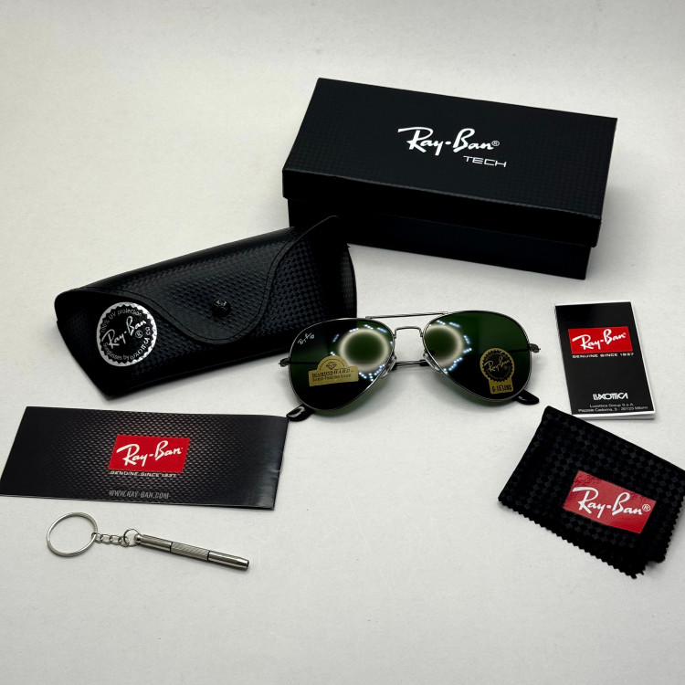 عینک ریبن خلبانی شیشه سنگ فریم نوک مدادی عدسی سبز آمریکایی آنتی رفلکس REYBAN AVIATOR RB 3025 با پک کامل