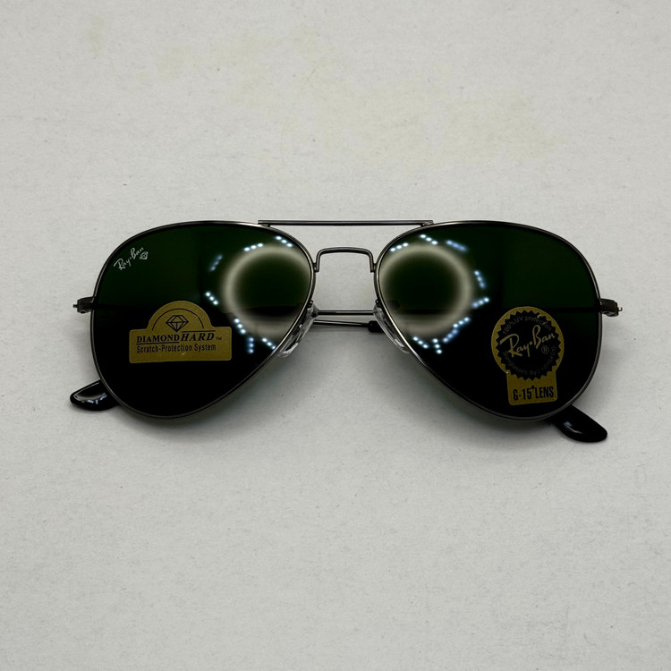 عینک ریبن خلبانی شیشه سنگ فریم نوک مدادی عدسی سبز آمریکایی آنتی رفلکس REYBAN AVIATOR RB 3025 با پک کامل