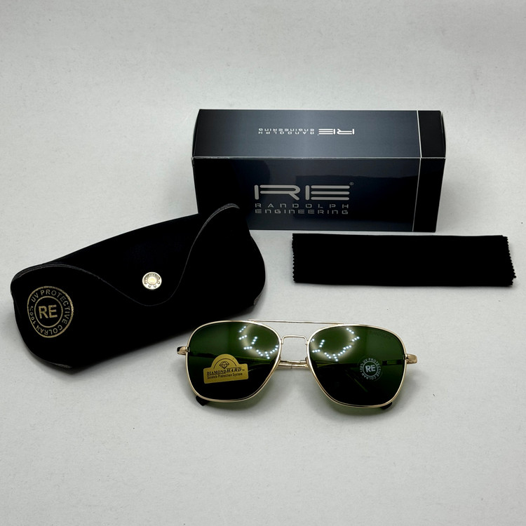 عینک آفتابی خلبانی رندولف شیشه سنگ آنتی رفلکس سبز فریم طلایی فول پک اصلی RANDOLPH AVIATOR RE 58 24K GOLD
