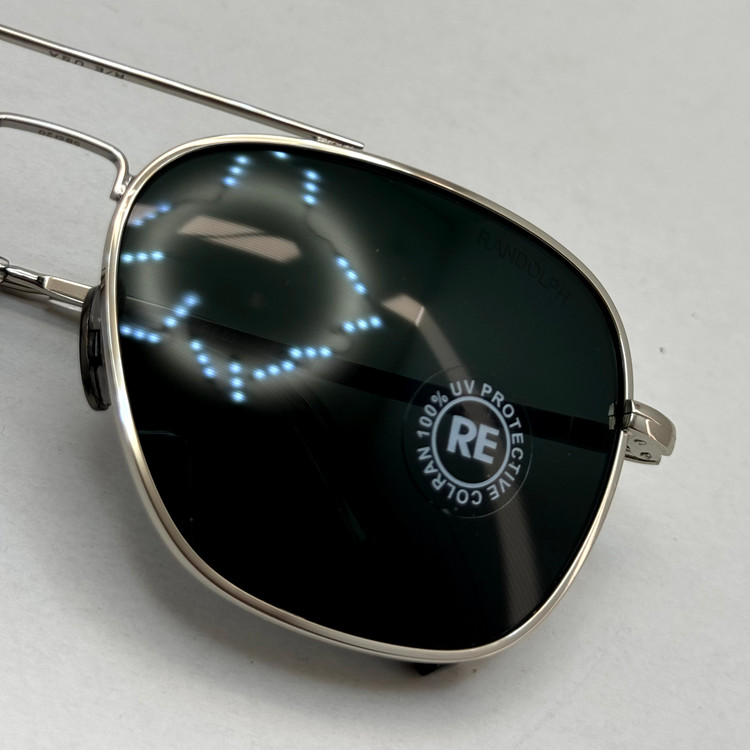 عینک آفتابی خلبانی رندولف شیشه سنگ آنتی رفلکس مشکی فریم نقره ای فول پک RANDOLPH AVIATOR RE 58 WHITE GOLD