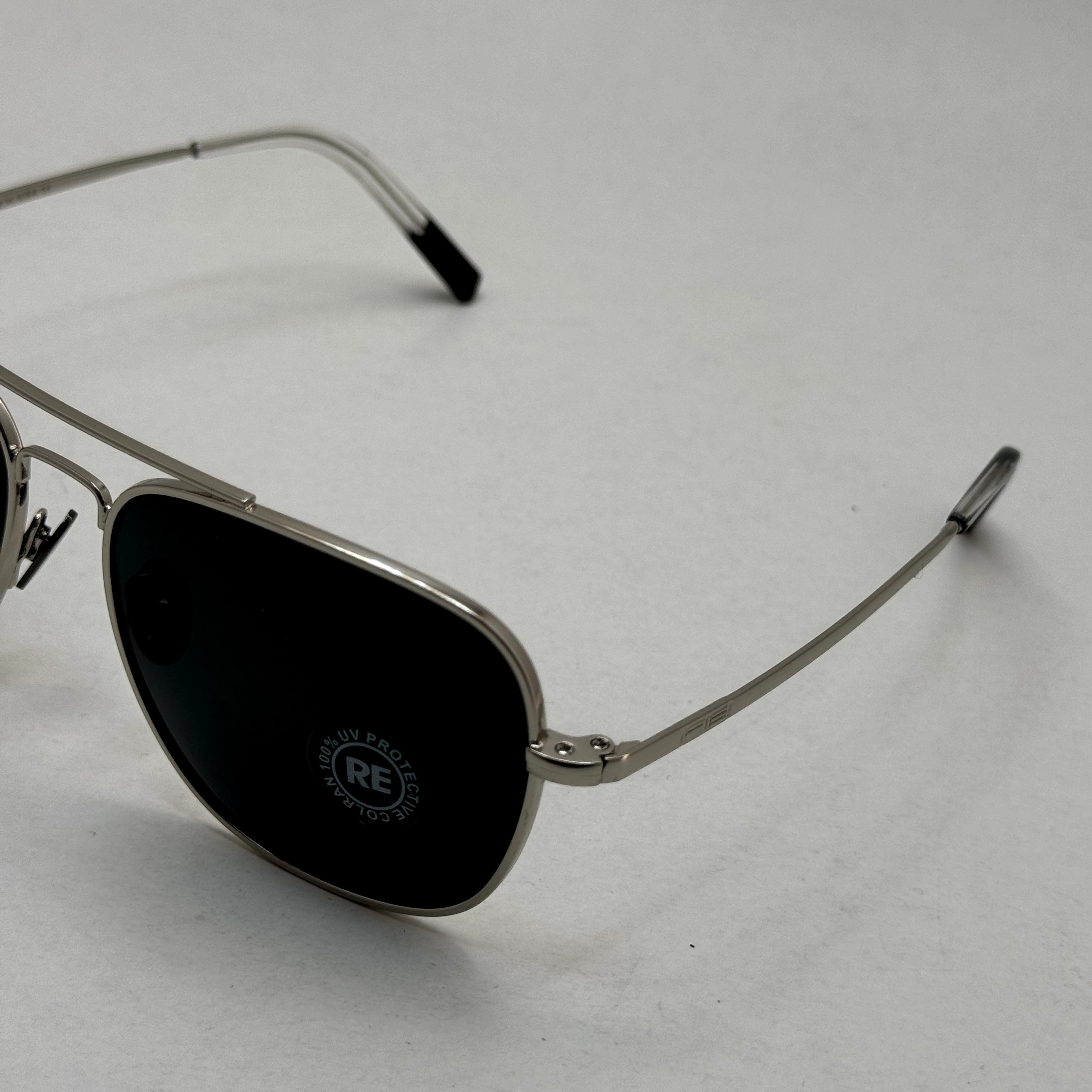 عینک آفتابی خلبانی رندولف شیشه سنگ آنتی رفلکس مشکی فریم نقره ای فول پک RANDOLPH AVIATOR RE 58 WHITE GOLD