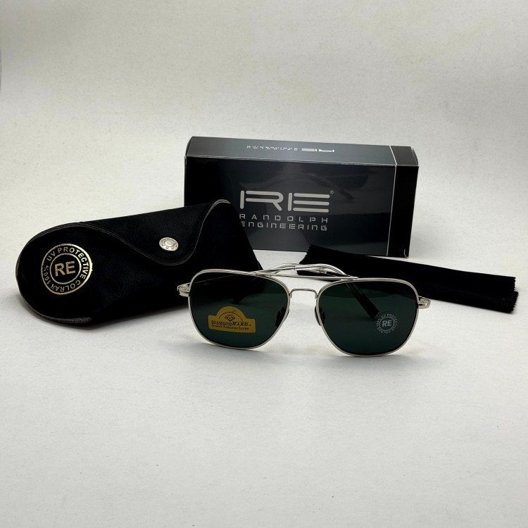 عینک آفتابی خلبانی رندولف شیشه سنگ آنتی رفلکس مشکی فریم نقره ای فول پک RANDOLPH AVIATOR RE 58 WHITE GOLD