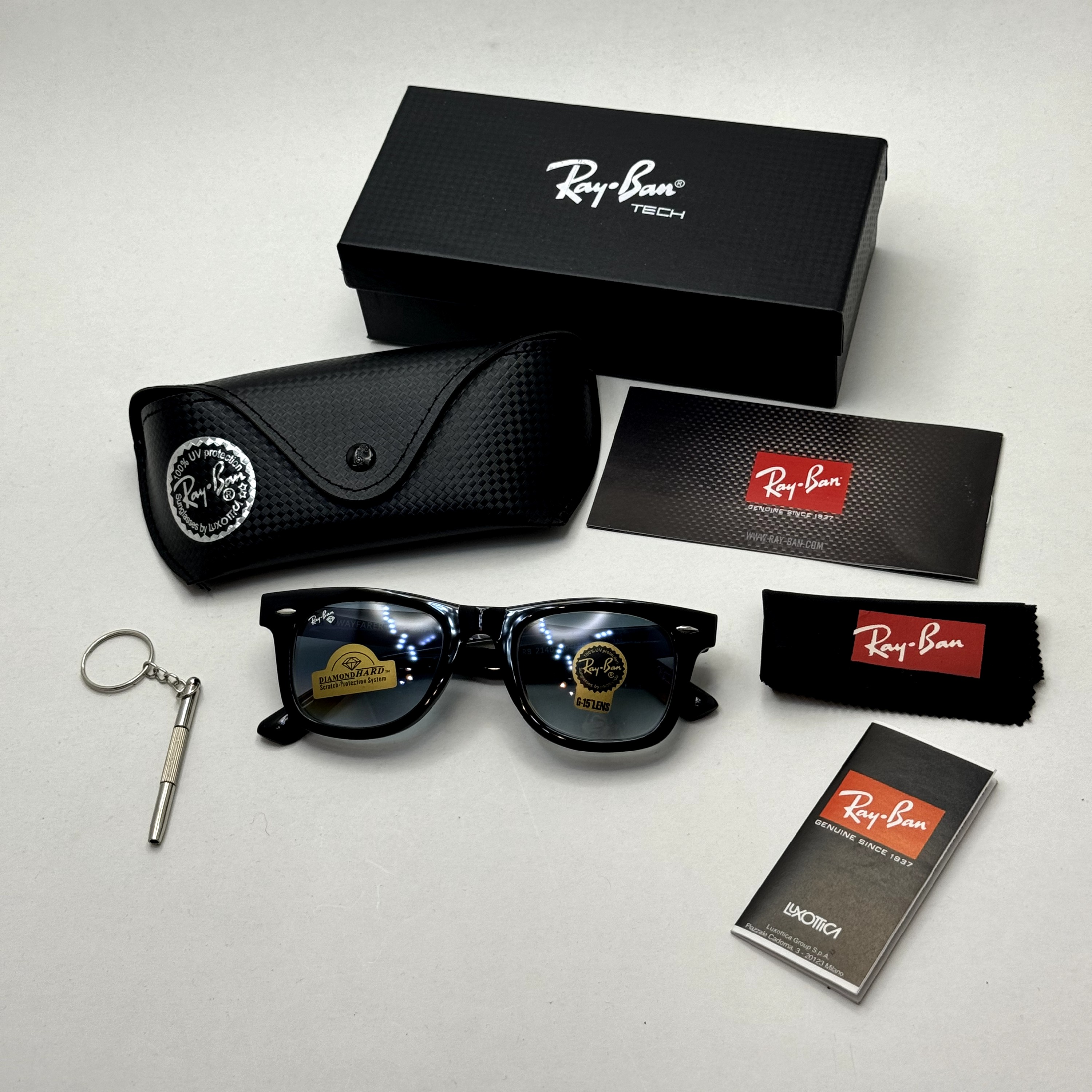 عینک ریبن ویفرر reyban WAYFARER سایز 50 آبی هایلایت به همراه پک کامل و اچار مخصوص عینک RB 2140