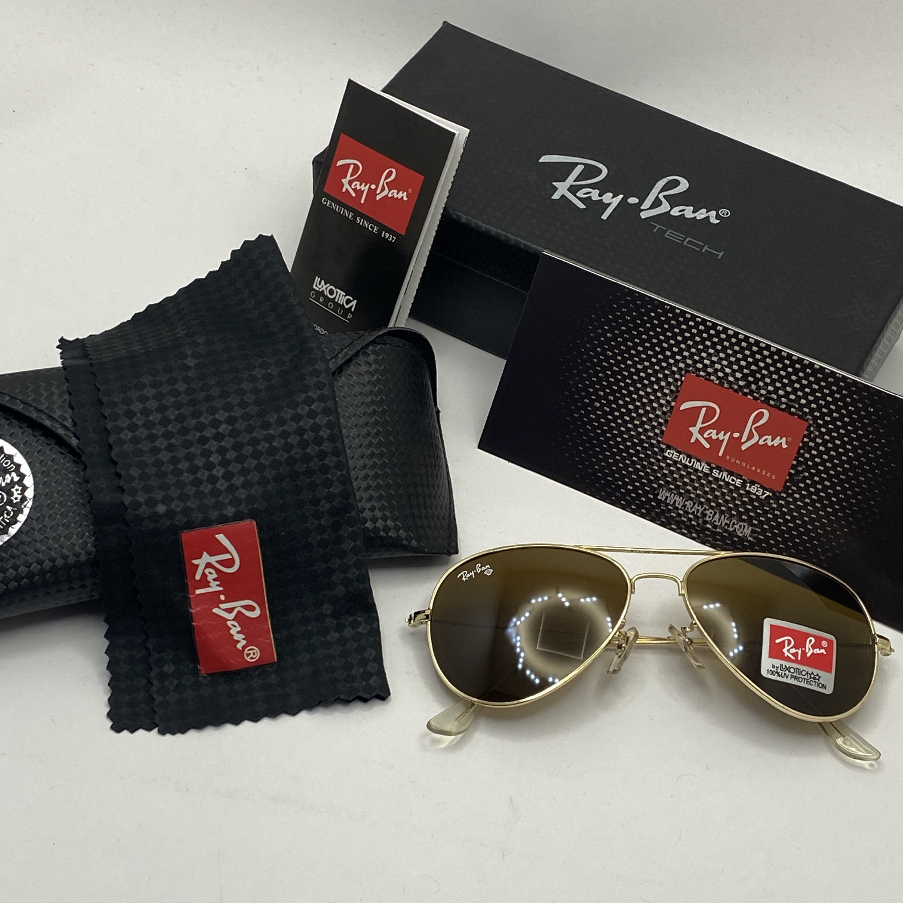 عینک ریبن خلبانی قهوه ای شیشه سنگ با پک کامل ریبن rayban aviator RB 3025