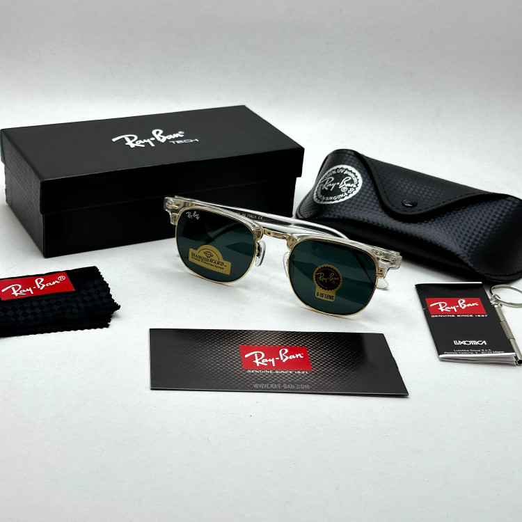 عینک آفتابی کلاب مستر ریبن rayban شیشه سنگ مشکی فریم شفاف به همراه پک کامل RB 3016