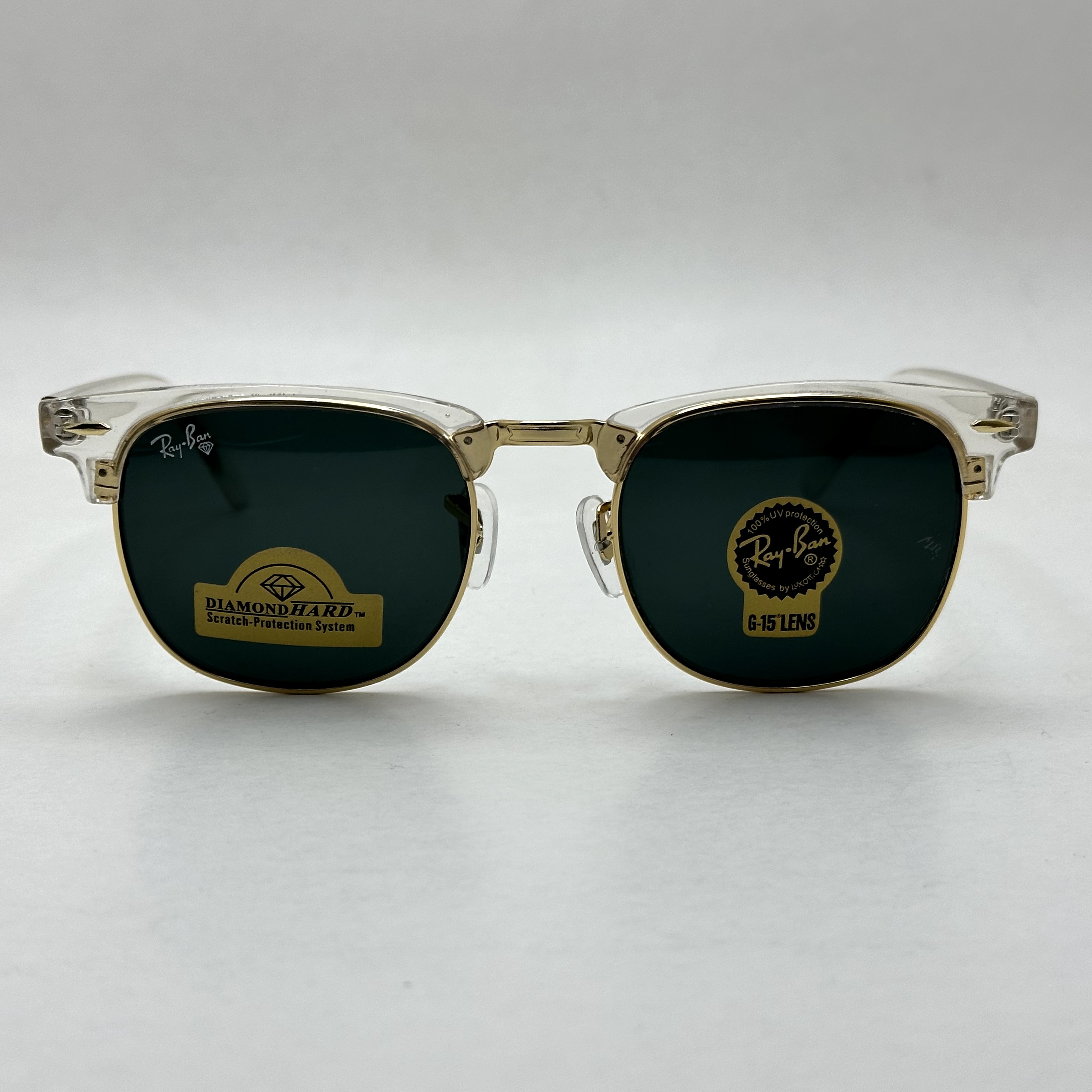 عینک آفتابی کلاب مستر ریبن rayban شیشه سنگ مشکی فریم شفاف به همراه پک کامل RB 3016