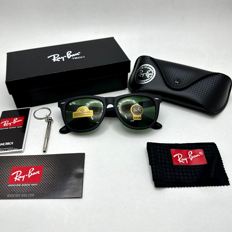 عینک آفتابی ریبن rayban ویفرر شیشه سنگ مشکی مات عدسی سبز سایز 54 به همراه پک کامل اورجینال RB 2140