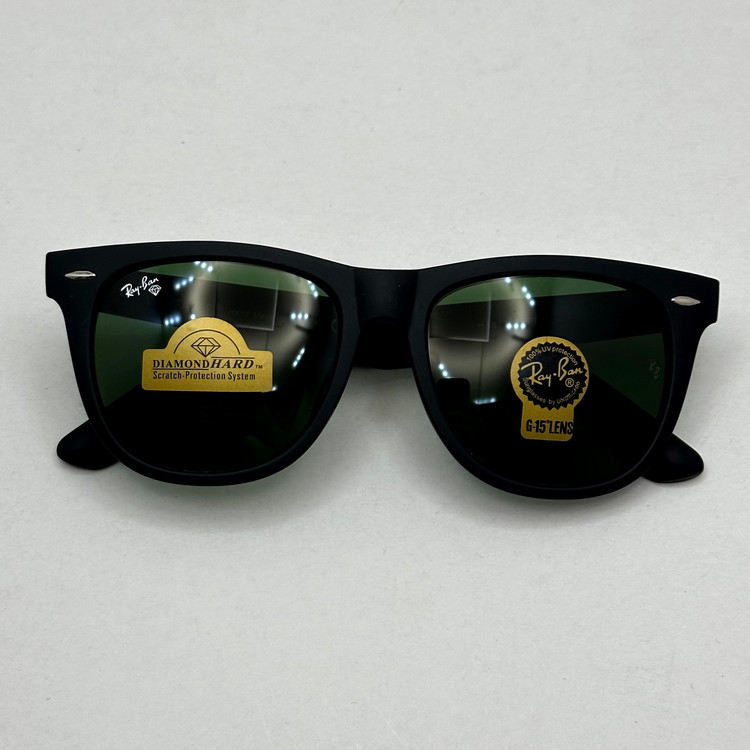 عینک آفتابی ریبن rayban ویفرر شیشه سنگ مشکی مات عدسی سبز سایز 54 به همراه پک کامل اورجینال RB 2140