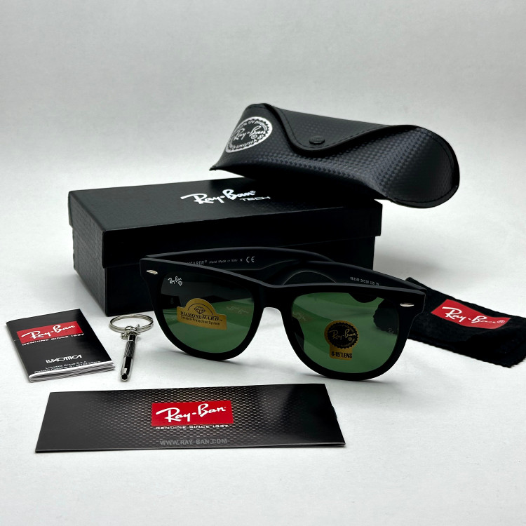 عینک آفتابی ریبن rayban ویفرر شیشه سنگ مشکی مات عدسی سبز سایز 54 به همراه پک کامل اورجینال RB 2140