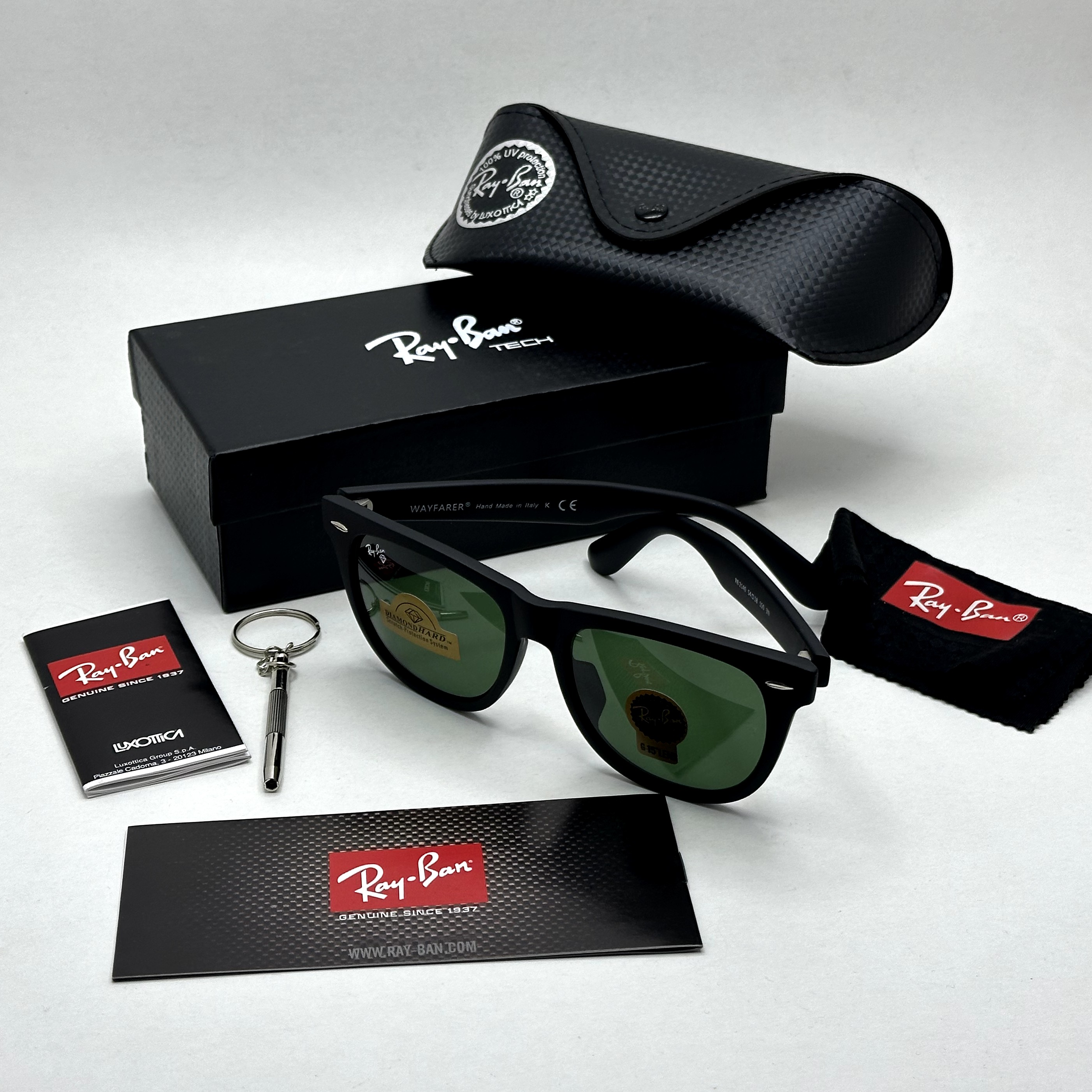 عینک آفتابی ریبن rayban ویفرر شیشه سنگ مشکی مات عدسی سبز سایز 54 به همراه پک کامل اورجینال RB 2140