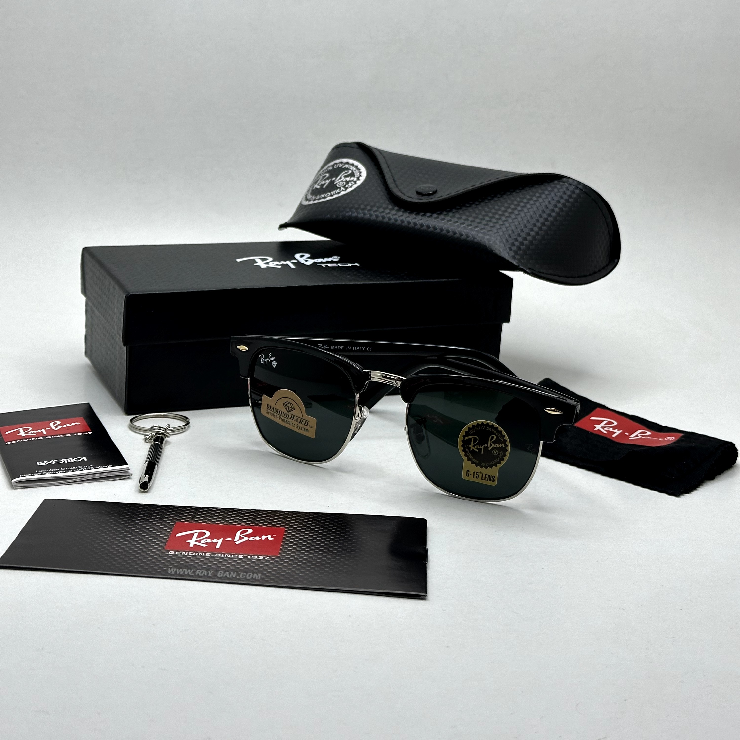 عینک آفتابی کلاب مستر ریبن rayban شیشه سنگ مشکی فریم نقره ای به همراه پک کامل RB 3016