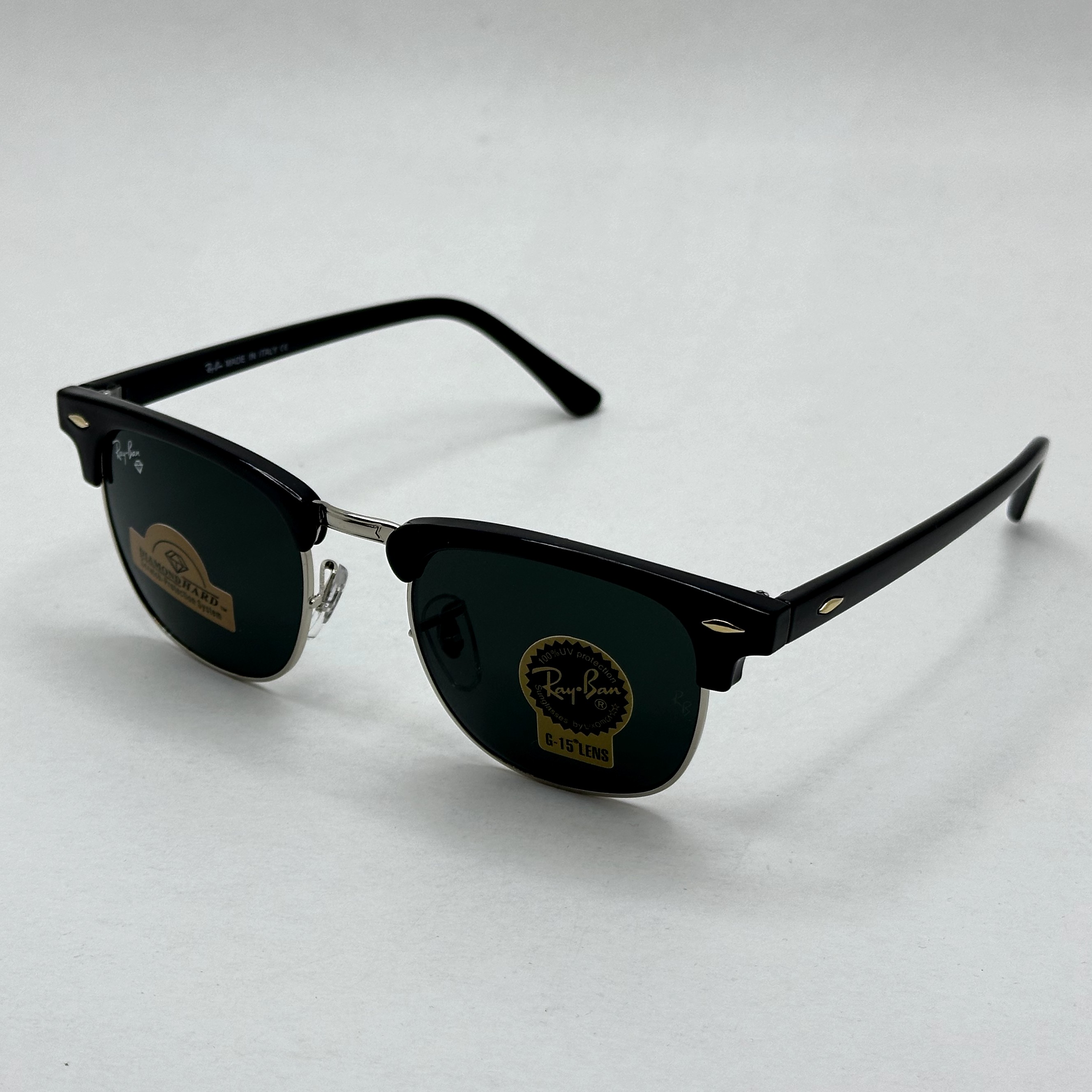 عینک آفتابی کلاب مستر ریبن rayban شیشه سنگ مشکی فریم نقره ای به همراه پک کامل RB 3016