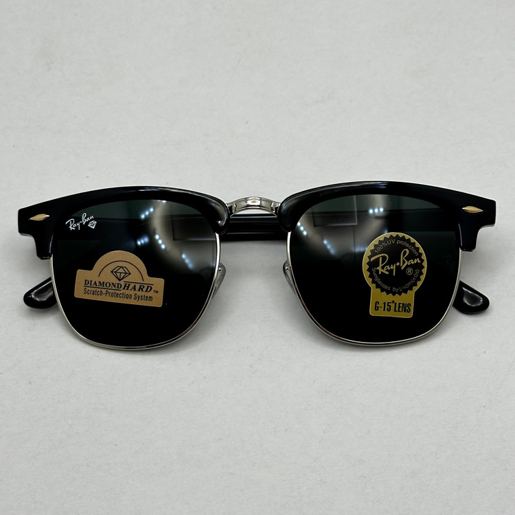 عینک آفتابی کلاب مستر ریبن rayban شیشه سنگ مشکی فریم نقره ای به همراه پک کامل RB 3016