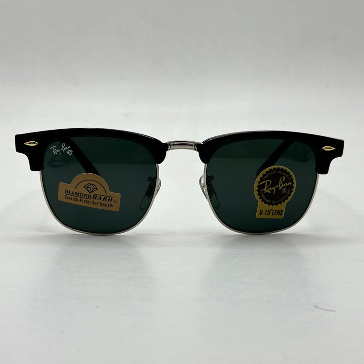 عینک آفتابی کلاب مستر ریبن rayban شیشه سنگ مشکی فریم نقره ای به همراه پک کامل RB 3016