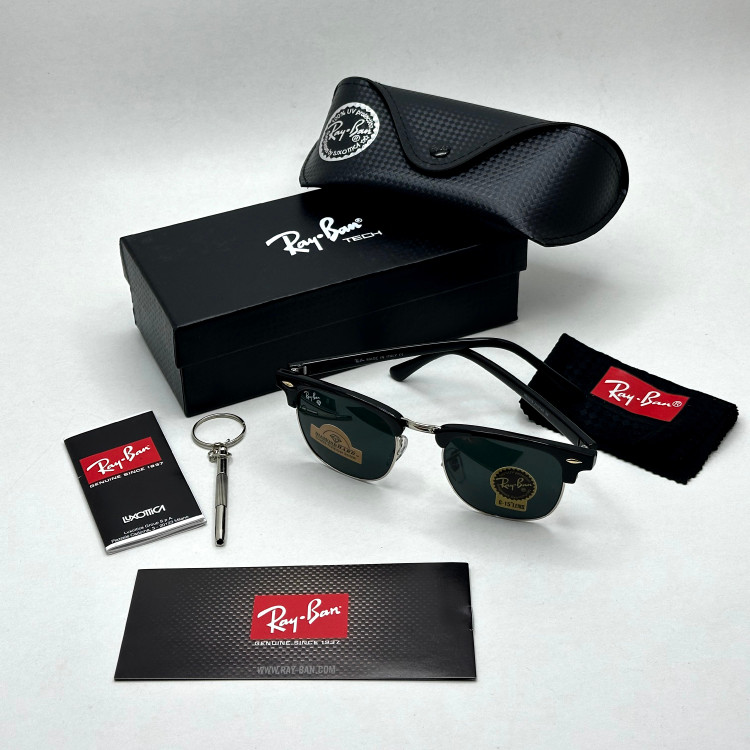 عینک آفتابی کلاب مستر ریبن rayban شیشه سنگ مشکی فریم نقره ای به همراه پک کامل RB 3016