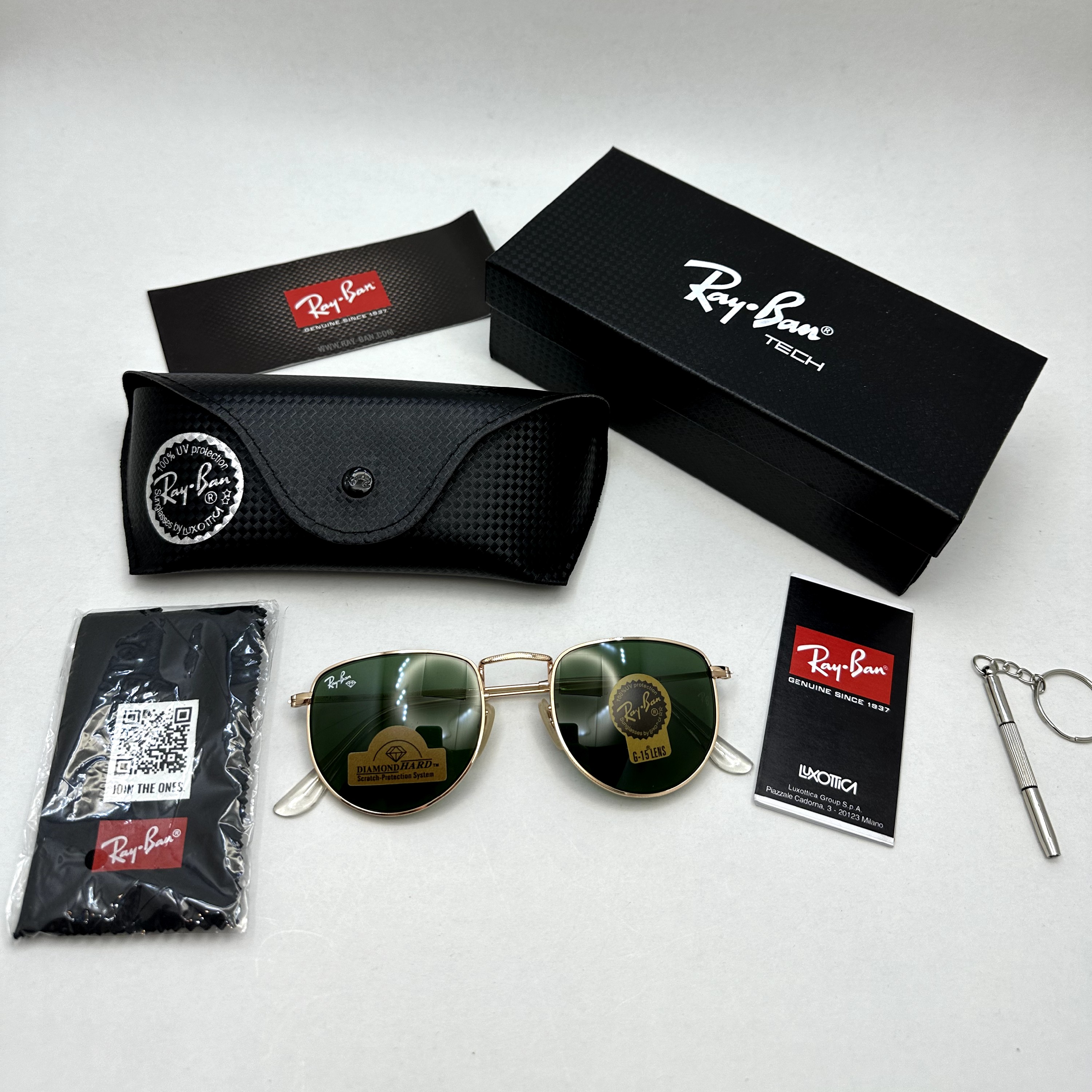 عینک آفتابی ریبن rayban شیشه سنگ سبز طلایی کد rb 3958 - فول پک