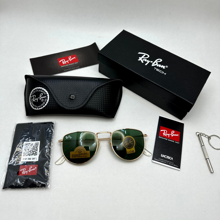 عینک آفتابی ریبن rayban شیشه سنگ سبز طلایی کد rb 3958 - فول پک