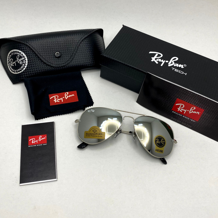 عینک آفتابی خلبانی AVIATOR ریبن rayban شیشه سنگ ایتالیایی آینه ای فریم نقره ای سایز 3025 فول پک