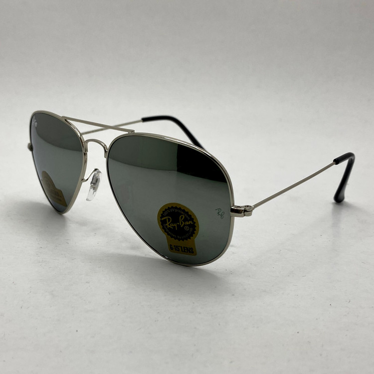 عینک آفتابی خلبانی AVIATOR ریبن rayban شیشه سنگ ایتالیایی آینه ای فریم نقره ای سایز 3025 فول پک