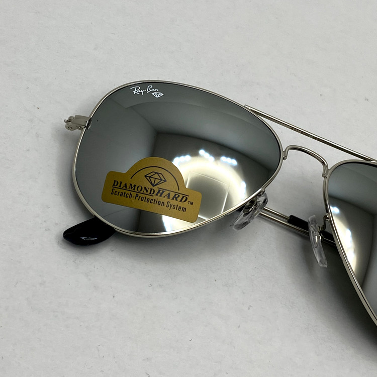 عینک آفتابی خلبانی AVIATOR ریبن rayban شیشه سنگ ایتالیایی آینه ای فریم نقره ای سایز 3025 فول پک