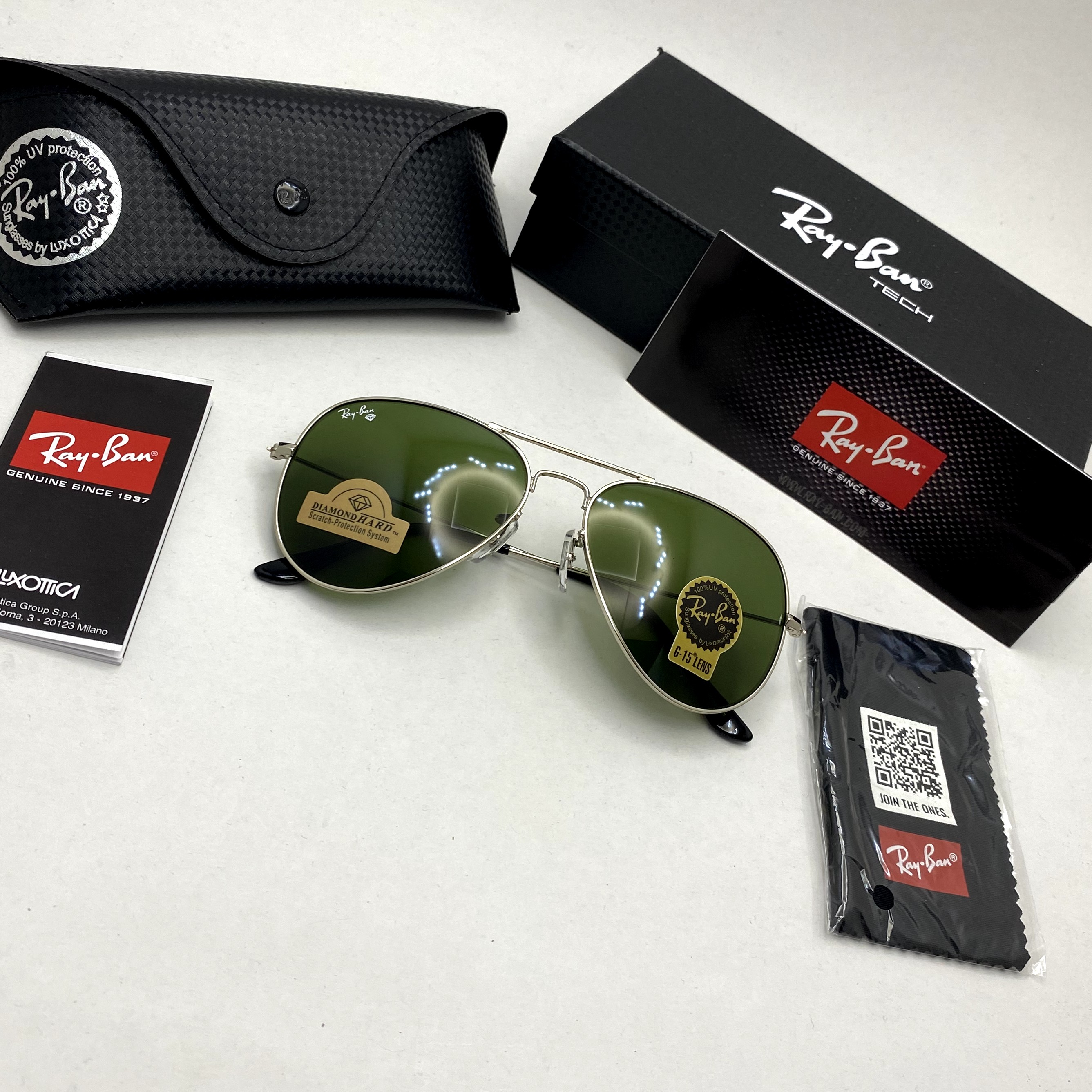 عینک آفتابی خلبانی AVIATOR ریبن rayban شیشه سنگ نقره ای سبز سایز 3026 فول پک