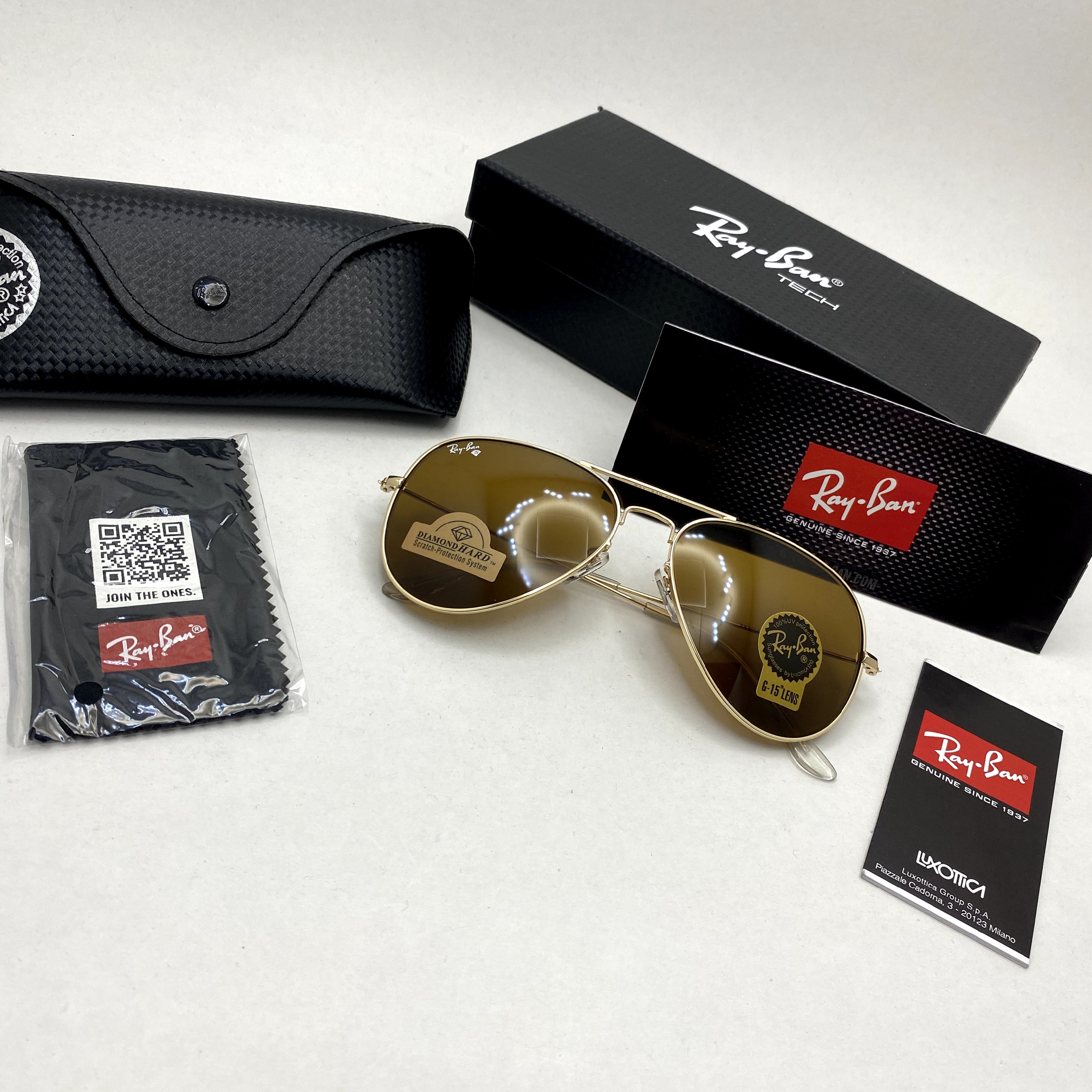 عینک آفتابی خلبانی AVIATOR ریبن rayban شیشه سنگ طلایی قهوه ای سایز 3026 فول پک