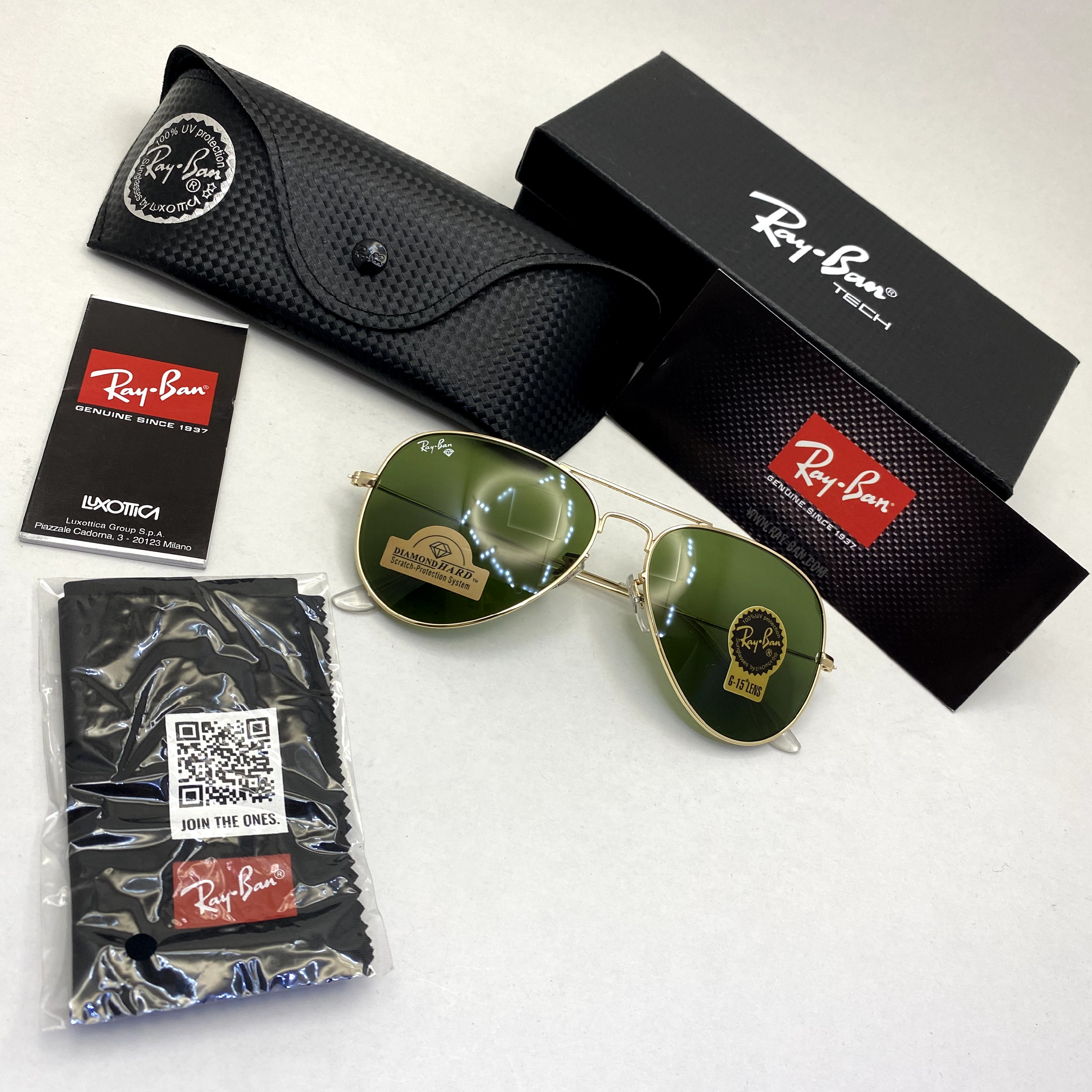 عینک آفتابی خلبانی AVIATOR ریبن rayban شیشه سنگ طلایی سبز سایز 3026 فول پک اورجینال