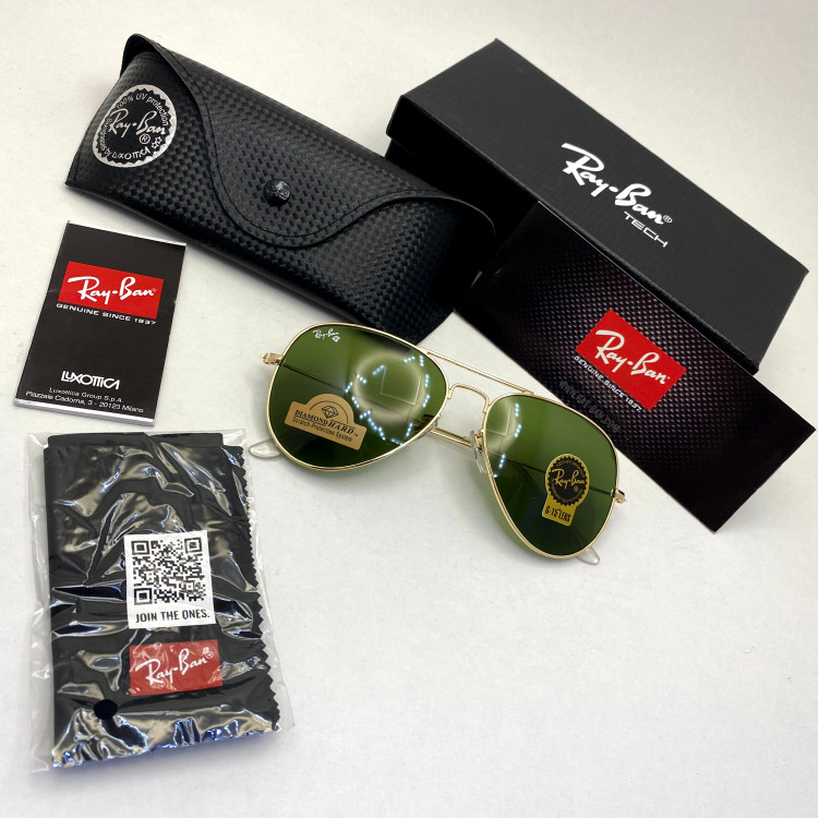 عینک آفتابی خلبانی AVIATOR ریبن rayban شیشه سنگ طلایی سبز سایز 3026 فول پک اورجینال